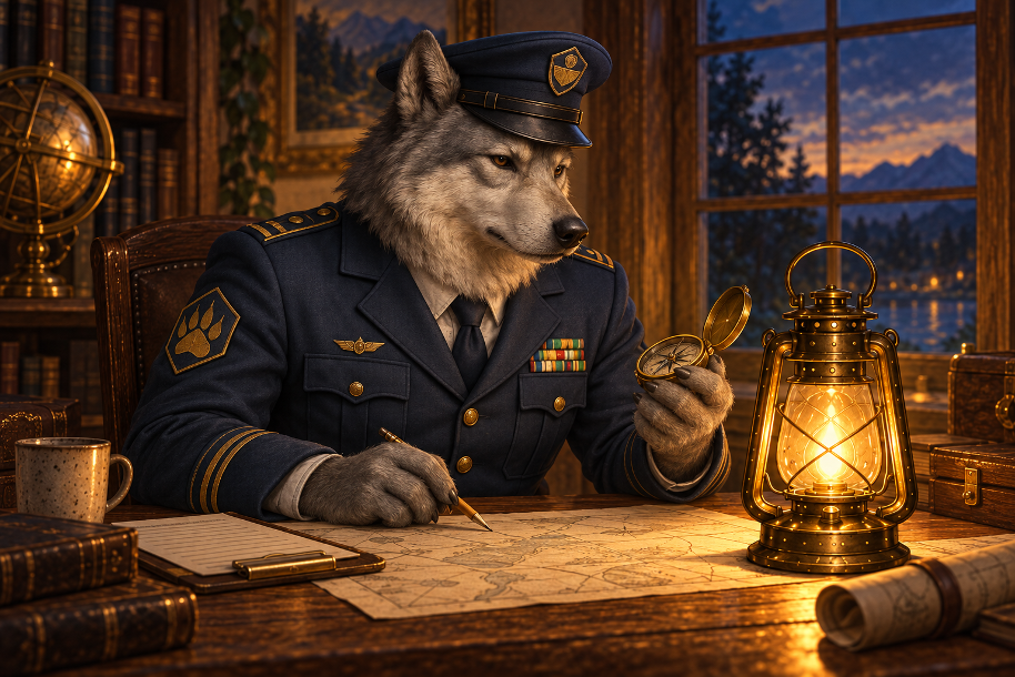 The Commander beside a glowing lantern