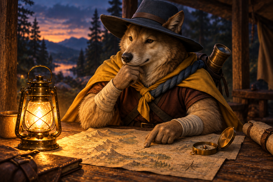 The Explorer beside a glowing lantern