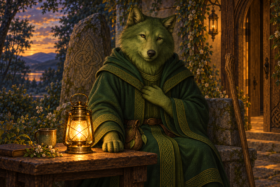 The Guardian beside a glowing lantern