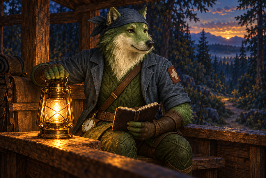 The Scout beside a glowing lantern