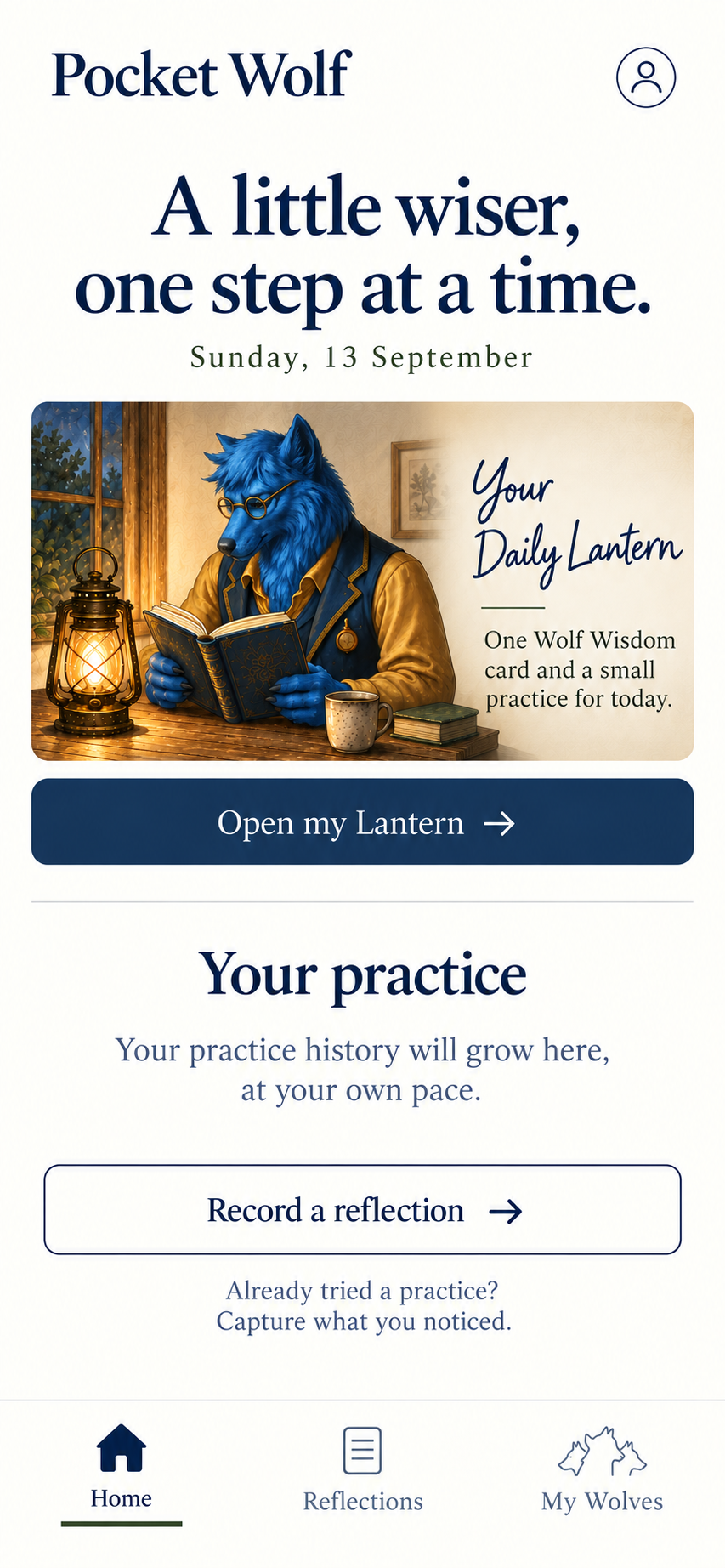Pocket Wolf app preview with the Daily Lantern, practice reflections and My Wolves navigation